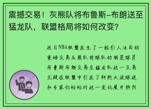 震撼交易！灰熊队将布鲁斯-布朗送至猛龙队，联盟格局将如何改变？