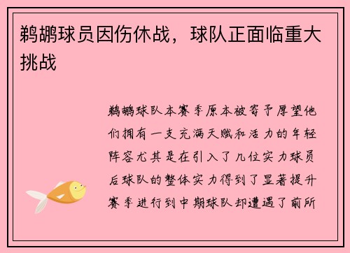 鹈鹕球员因伤休战，球队正面临重大挑战