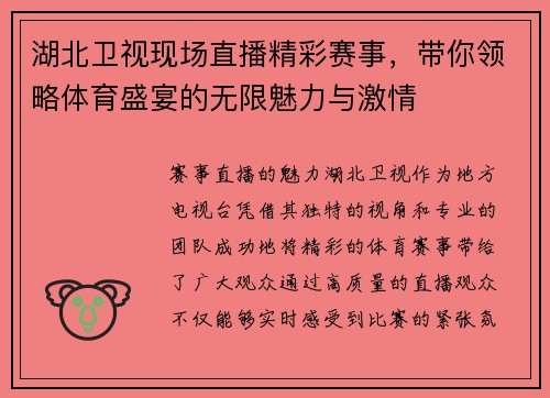 湖北卫视现场直播精彩赛事，带你领略体育盛宴的无限魅力与激情