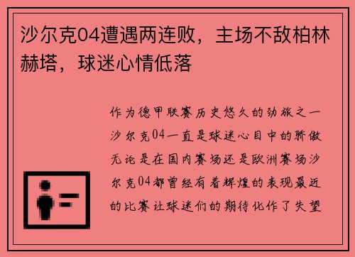 沙尔克04遭遇两连败，主场不敌柏林赫塔，球迷心情低落