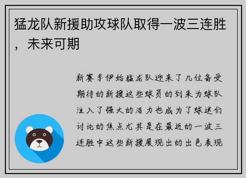 猛龙队新援助攻球队取得一波三连胜，未来可期